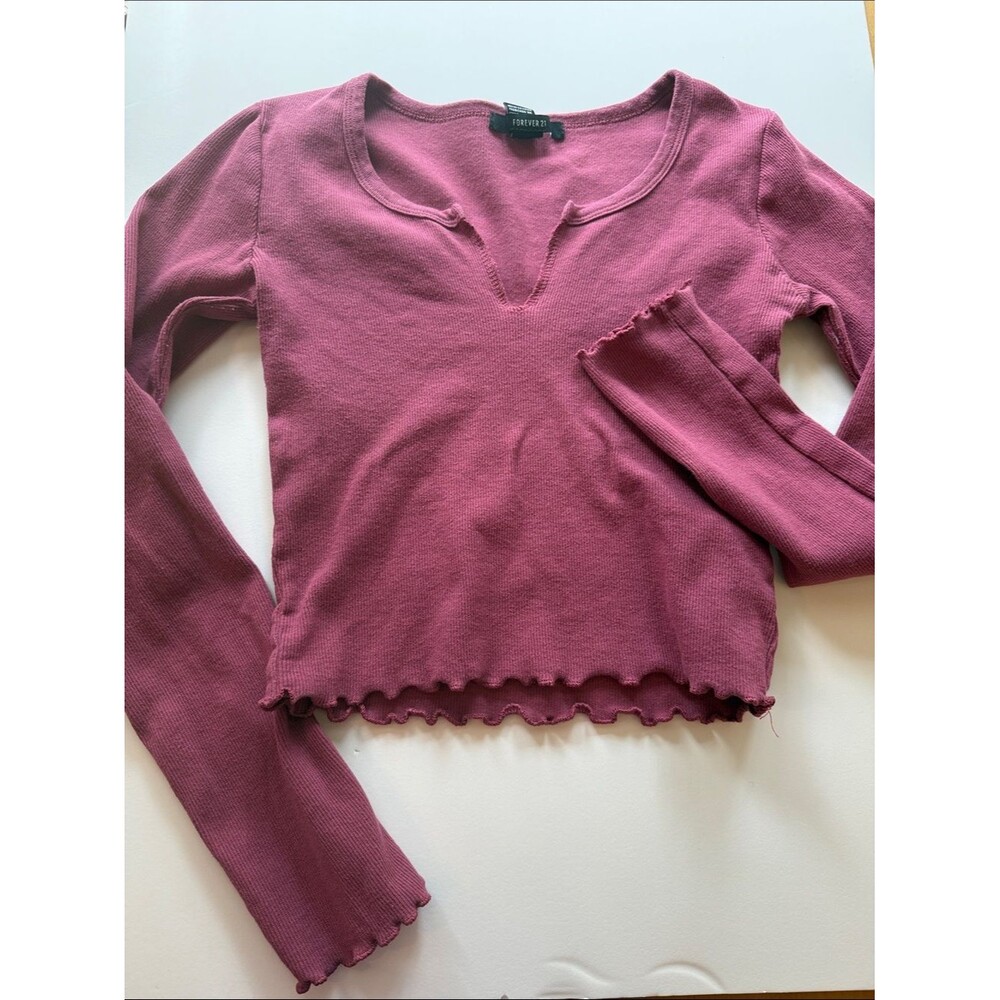 Forever 21 Raspberry Pink Ribbed Lettuce-Edge Notch Neck Long Sleeve Top Small
